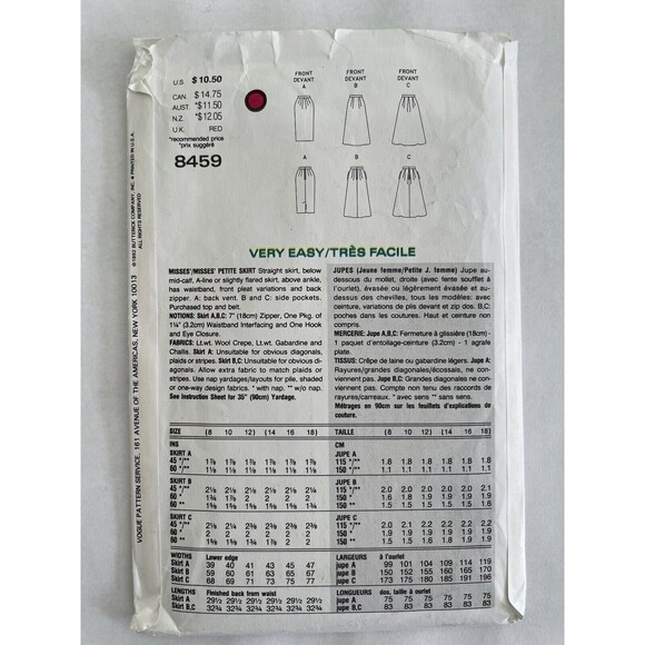 Vogue 8459 Misses A-line Skirt Straight Skirt Easy Sewing Pattern  Sz 8-12 UNCUT - Picture 2 of 2